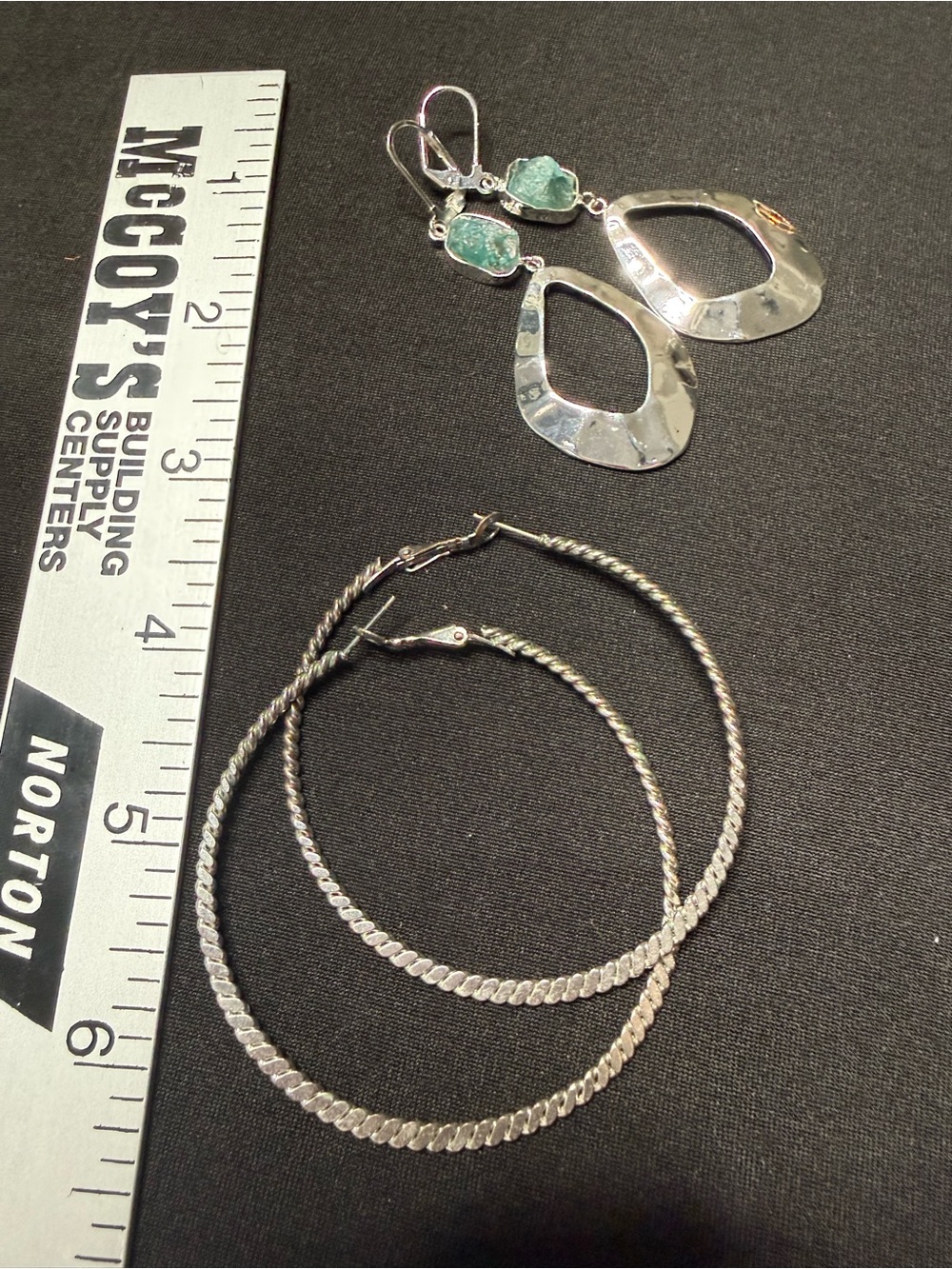 Source Unknown Silver Hoop and Aqua-Green Teardrop Dangle Earrings